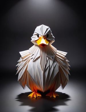 (Full body cropped to head and shoulders portrait:2), (angry glaring villian paper duck:2), menacing expression, wearing paper armor , made out of folded paper, origami,  light and delicate tones, clear contours, cinematic quality, dark background, highly detailed, chiaroscuro, ral-orgmi