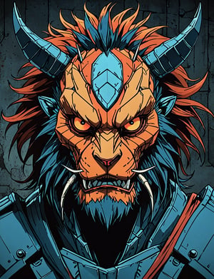 (close up, head and shoulders portrait:1.5), red, orange, blue gradient ,(anthropomorphic manticore robot :1.5), (angular shapes:1.7), samurai, wearing samurai armor, (strong outline sketch style:1.5), symmetrical features, gritty fantasy, (darkest dungeon art style :1.4), dark muted background, detailed, one_piece_wano_style, Dark Manga of,anime screencap,Dark Anime of