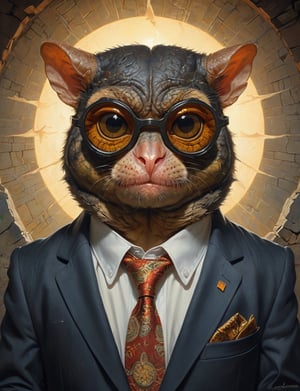 creative magic creature art, creature fusion ( tarsier :1.4) (reptile :1.8), (sun glasses :2), wearing business suit, glowing eyes, head and shoulders portrait , hyper-detailed oil painting, art by Greg Rutkowski and (Norman Rockwell:1.5) , illustration style, symmetry , inside a medieval dungeon, cracked stone walls , huayu