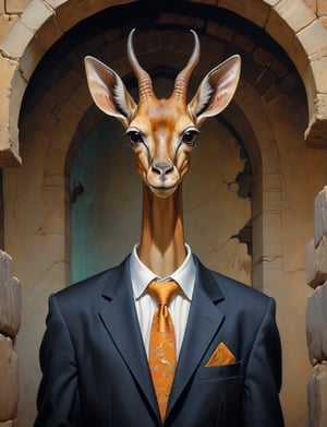 creative magic creature art, creature fusion ( aardvark :2.2) (gerenuk :1.8), (bioluminescence :2), wearing business suit, glowing eyes, head and shoulders portrait , hyper-detailed oil painting, art by Greg Rutkowski and (Norman Rockwell:1.5) , illustration style, symmetry , inside a medieval dungeon, cracked stone walls , huayu