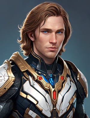 (head and shoulders portrait:1.2), Sci-Fi. Kozja Darzalas is a human being, a handsome man of 25 years old, ((caucasian)), long light_brown hair, wavy haircut, blue eyes. athletic build. ((white armor)). He wears a futuristic and highly cybernetic black armor. red ornaments, golden lines, Warbringers iconography. Inspired by the art of Destiny 2 and the style of Guardians of the Galaxy

