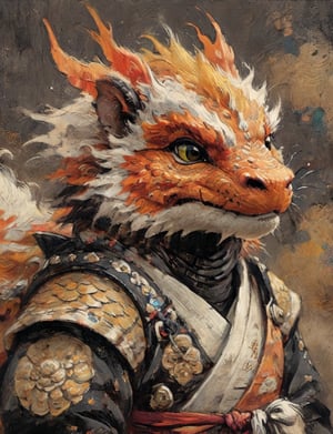 (close up, head and shoulders portrait:1.3), anthromorphic ( lemming :1.2) dragon, samurai , black samurai armor, brown, yellow orange , white and black color scheme , (dark background:1.2), Disney pixar style,Ukiyo-e,ink,colorful,shogun