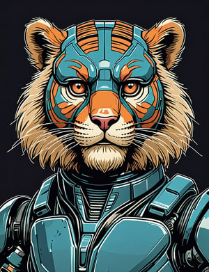 (close up, head and shoulders portrait:1.5), An extremely detailed (1970s retro-future:1.2) anthropomorphic marmoset tiger robot, centered, (strong outline sketch style:1.3), dark background, muted colors, detailed, comic book