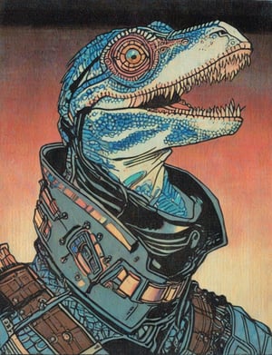 (head and shoulders portrait:1.2), (anthropomorphic velociraptor :1.3) as a warrior, zorro mask, holographic glowing eyes, wearing sci-fi outfit , surreal fantasy, close-up view, chiaroscuro lighting, no frame, hard light,Ukiyo-e