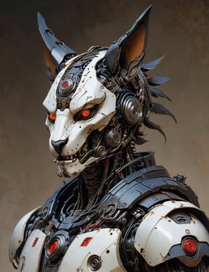 A male, (cybernetic robot:3), biomechanical, (wolpertinger:3) , wearing intricate necromancer armor . red eyes, dark background, serious face expression. head and shoulders portrait , hyper-detailed oil painting, art by Greg Rutkowski and (Norman Rockwell:1.5) , illustration style, symmetry , sci-fi interior setting , huayu