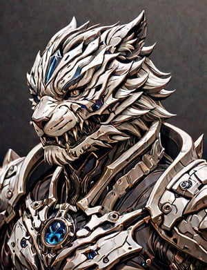 (head and shoulders portrait:1.2), a Warforged tiger  , sentient construct of gleaming silver and black metal and gears, is dressed in intricately detailed armor. dark background , Inspired by the art of Destiny 2 and the style of Guardians of the Galaxy,art_booster