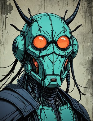 (close up, head and shoulders portrait:1.5), red, orange, green, teal, aqua, blue, violet gradient ,(anthromorphic beetle robot :1.5), samurai, wearing samurai armor, (strong outline sketch style:1.5), symmetrical features, gritty fantasy, (darkest dungeon art style :1.4), dark muted background, detailed, one_piece_wano_style, Dark Manga of,anime screencap,Dark Anime of