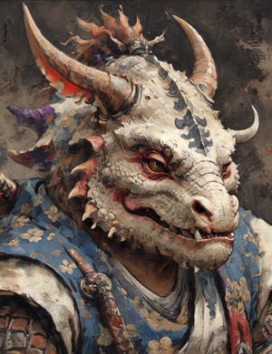 (close up, head and shoulders portrait:1.3), (anthromorphic triceritops :1.6), oni_horns, samurai , samurai armor , brown, blue, violet , white and black color scheme , (dark background:1.2), Ukiyo-e,ink,colorful,shogun
