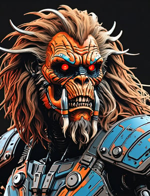 (close up, head and shoulders portrait:1.5), An extremely detailed 1970s retro-future anthropomorphic (joe immortan :1.2) (manticore :1.4) robot, centered, (strong outline sketch style:1.5), (flat silkscreen art style:1.9), (solid dark background:1.2), (red, orange, sapphire, black and white tones), masterpiece, epic, by pascal blanche rutkowski repin artstation painting concept art of detailed character design matte painting, 4 k resolution blade runner, dark muted background, detailed, comic book,dcas_lora