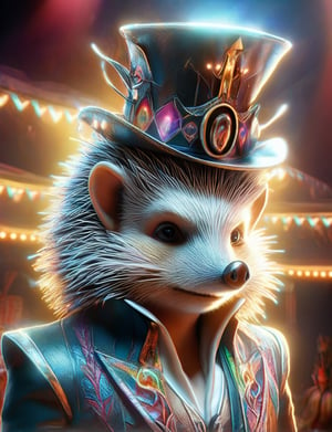 (head and shoulders portrait:1.2), (anthropomorphic hedgehog :1.3) as circus performer , zorro mask, jester hat, holographic glowing eyes, wearing circus outfit , (outline sketch style:1.5), surreal fantasy, close-up view, chiaroscuro lighting, no frame, hard light, in the style of esao andrews, DonM3lv3nM4g1cXL