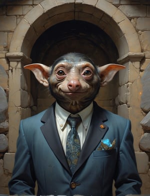 creative magic creature art, creature fusion ( goblin :2) (mole :1.8), (bioluminescence :2), wearing business suit, glowing eyes, head and shoulders portrait , hyper-detailed oil painting, art by Greg Rutkowski and (Norman Rockwell:1.5) , illustration style, symmetry , inside a medieval dungeon, cracked stone walls , huayu