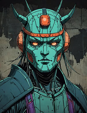 (close up, head and shoulders portrait:1.5), red, orange, green, teal, aqua, blue, violet gradient ,(anthromorphic cube shaped robot :1.5), samurai, wearing samurai armor, (strong outline sketch style:1.5), symmetrical features, gritty fantasy, (darkest dungeon art style :1.4), dark muted background, detailed, one_piece_wano_style, Dark Manga of,anime screencap,Dark Anime of