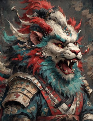 (close up, head and shoulders portrait:1.3), anthromorphic ( manticore :1.4) neck and chest fur, samurai helmet, oni_horns, samurai , black samurai armor, red, aqua, green, blue , white and black color scheme , (dark background:1.2), Disney pixar style,Ukiyo-e,ink,colorful,shogun