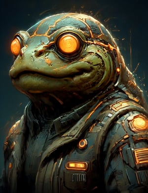 (close up, head and shoulders portrait:1.3), anthromorphic, High tech cybernetic (frog :1.2) (toad :1.7), multi Eyes,Glowing mechanical eyes, high-tech cybernetic body, futuristic power armor, bounty hunter ,xl_cpscavred,mad-cyberspace,cyberpunk