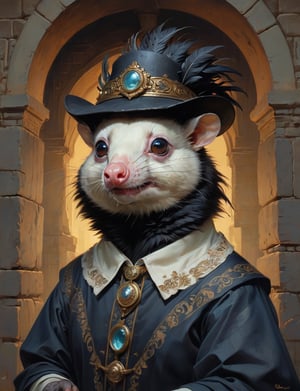 creative magic creature art, anthropomorphic creature fusion ( opossum :1.6) (crow :1.8), prominent eyelashes, (bioluminescence :2), wearing business blouse , glowing eyes, head and shoulders portrait , hyper-detailed oil painting, art by Greg Rutkowski and (Norman Rockwell:1.5) , illustration style, symmetry , inside a medieval dungeon, cracked stone walls , huayu