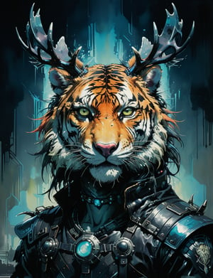 art by simon bisley, art by ralph steadman, art by vallejo, a masterpiece, stunning detail, (head and shoulders portrait:1.3), (anthropomorphic (tiger:1.3)  (moose  :1.5) :1.3), neuromancer, cyberpunk, holographic glowing, wearing black leather armor, creature fur scales , dark background 