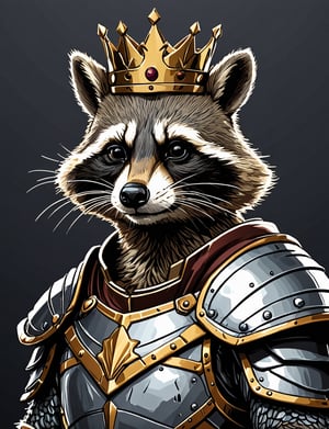 (close up, head and shoulders portrait:1.5), anthropomorphic raccoon knight, wearing gleaming armor, wearing crown, centered, (strong outline sketch style:1.3), dark background, muted colors, detailed, comic book