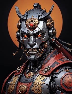 A male, a (robot samurai :3), face made of metal, precious jewels, dark interior sci-fi background, head and shoulders portrait , flat 2.5d art, cell shading , hyper-detailed comic book art style , illustration style, art by Darius Puia BakaArts, symmetry , sci-fi interior setting ,comic book