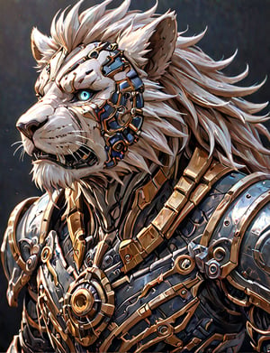 (head and shoulders portrait:1.2), a Warforged lion  , sentient construct of gleaming silver and black metal and gears, is dressed in intricately detailed armor. dark background , Inspired by the art of Destiny 2 and the style of Guardians of the Galaxy,art_booster