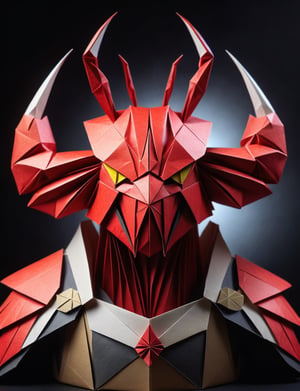 (head and shoulders portrait:2.5), (angry glaring villian paper crab warrior :2), menacing expression, wearing paper armor , made out of folded paper, origami,  light and delicate tones, clear contours, cinematic quality, dark background, highly detailed, chiaroscuro, ral-orgmi