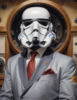 Star Wars imperial storm trooper wearing a business suit, head and shoulders portrait , hyper-detailed oil painting, art by Greg Rutkowski and (Norman Rockwell:1.5) , illustration style, symmetry , inside a imperial starship interior , huayu