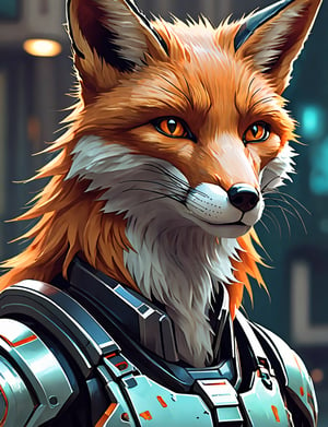 (close up, head and shoulders portrait:1.3), (anthromorphic fox:1.6), wearing sci-fi polycarbonate armor , "The overall effect is a blend of impressionism and abstraction, creating a rich, immersive setting. The scene should feature a realist selective focus on main subject. In contrast, the background should transition into an abstract, painterly environment. The atmosphere should be hazy and diffuse, contributing to an ethereal and somewhat dystopian feel. Background impressionistic style to emphasize mood and atmosphere over detailed realism. The colors in the background include shades of rich, vibrant hues with dramatic contrasts, featuring deep, earthy tones and vivid highlights, blending seamlessly with cooler hues like blues and greys. Use muted accents like rusty orange-yellows, and rusty teals to highlight tiny areas and add visual interest. Use this blend of subdued and bold colors to emphasize the gritty nature of the scene."