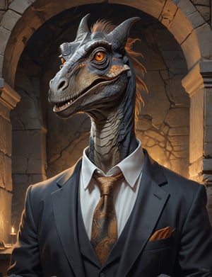 creative magic creature art, (velociraptor :1.8) (bison :1.4), long beard, rabbit ears, wearing business suit, glowing eyes, head and shoulders portrait , hyper-detailed oil painting, art by Greg Rutkowski, illustration style, symmetry , inside a medieval dungeon, cracked stone walls 