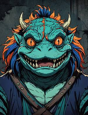 (close up, head and shoulders portrait:1.5), orange, teal, blue, violet gradient , (anthromorphic manticore toad :1.5), samurai, wearing samurai armor, (strong outline sketch style:1.5), symmetrical features, gritty fantasy, (darkest dungeon art style :1.4), dark muted background, detailed,one_piece_wano_style,Dark Manga of