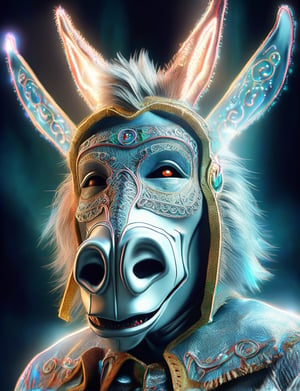 (head and shoulders portrait:1.2), (anthropomorphic donkey :1.3) as circus clown performer , zorro mask, holographic glowing eyes, wearing circus outfit , (outline sketch style:1.5), surreal fantasy, close-up view, chiaroscuro lighting, no frame, hard light, in the style of esao andrews, DonM3lv3nM4g1cXL