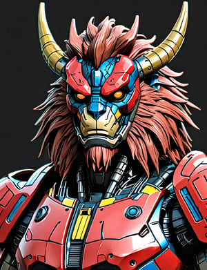 (close up, head and shoulders portrait:1.5), An extremely detailed 1970s retro-future anthropomorphic (optimus prime:1.2) (manticore :1.4) robot, centered, (strong outline sketch style:1.5), (flat silkscreen art style:1.9), (solid dark background:1.2), (retro color scheme), masterpiece, epic, by pascal blanche rutkowski repin artstation painting concept art of detailed character design matte painting, 4 k resolution blade runner, dark muted background, detailed, comic book,dcas_lora