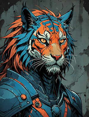(close up, head and shoulders portrait:1.5), red, orange, blue gradient ,(anthropomorphic tiger manticore biomechanical robot :1.5), (angular shapes:1.7), samurai, wearing samurai armor, (strong outline sketch style:1.5), symmetrical features, gritty fantasy, (darkest dungeon art style :1.4), dark muted background, detailed, Dark Manga of,Dark Anime of