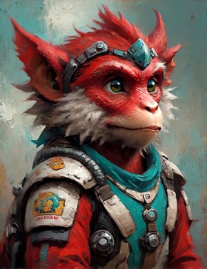 (close up, head and shoulders portrait:1.3), anthromorphic ( macaque :1.2) dragon, futuristic power armor, bounty hunter , red, teal, white and black color scheme , Disney pixar style