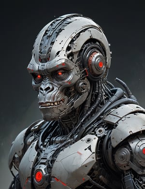 A male, (cybernetic robot:3), biomechanical, (gorilla :3) , wearing intricate necromancer armor . red eyes, serious face expression. Dark night,cinematic lighting,dark art ,Fog, head and shoulders portrait , hyper-detailed oil painting, art by Greg Rutkowski and (Norman Rockwell:1.5) , illustration style, symmetry , sci-fi interior setting , huayu