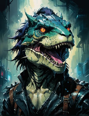 art by simon bisley, art by ralph steadman, art by vallejo, a masterpiece, stunning detail, (head and shoulders portrait:1.3), (anthropomorphic (tiger:1.2)  (t-rex :1.7) :1.3), neuromancer, cyberpunk, holographic glowing, glowing eyes, wearing black leather armor, creature fur scales , dark background 