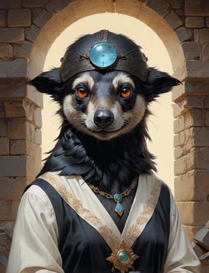 creative magic creature art, creature fusion ( coatimundi :1.6) (crow :1.8), female, prominent eyelashes, (bioluminescence :2), wearing business blouse , glowing eyes, head and shoulders portrait , hyper-detailed oil painting, art by Greg Rutkowski and (Norman Rockwell:1.5) , illustration style, symmetry , inside a medieval dungeon, cracked stone walls , huayu