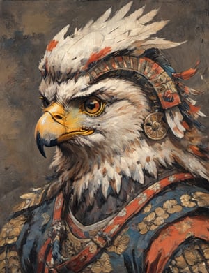(close up, head and shoulders portrait:1.3), anthromorphic ( golden eagle :1.6), oni_horns, samurai , samurai armor , brown, tangerine, sapphire , white and black color scheme , (dark background:1.2), Ukiyo-e,ink,colorful,shogun