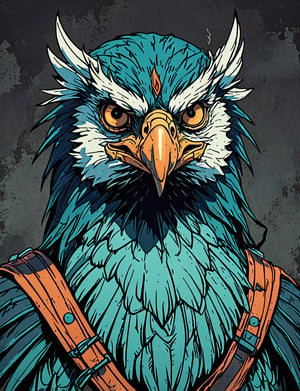 (close up, head and shoulders portrait:1.5), orange, teal, blue, violet gradient , (anthromorphic eagle :1.5), samurai, wearing samurai armor, (strong outline sketch style:1.5), symmetrical features, gritty fantasy, (darkest dungeon art style :1.4), dark muted background, detailed,one_piece_wano_style,Dark Manga of