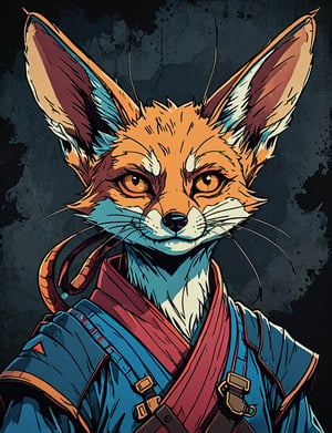 (close up, head and shoulders portrait:1.5), red, orange, blue, violet gradient ,(anthromorphic dragon fennec fox :1.5), samurai, wearing samurai armor, (strong outline sketch style:1.5), symmetrical features, gritty fantasy, (darkest dungeon art style :1.4), dark muted background, detailed, one_piece_wano_style, Dark Manga of