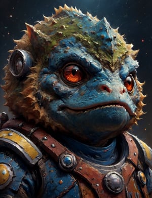 (close up, head and shoulders portrait:1.3), anthromorphic toad, futuristic power armor, bounty hunter , triadic colors, moonster