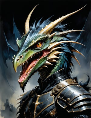 art by simon bisley, art by ralph steadman, art by vallejo, a masterpiece, stunning detail, (head and shoulders portrait:1.3), (anthropomorphic (dragon1.4)  (pterodactyl :1.2) :1.3), supreme wearing black leather armor, creature fur scales , dark background 