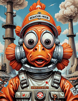 (close up, head and shoulders portrait:1.5), An extremely detailed 1980s (cartoon caricature:1.5), (oversized head caricature:1.3), anthropomorphic clownfish , wearing nuclear protection gear , nuclear power plant , dystopian, in the style of garbage pail kids