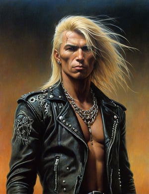 (head and shoulders portrait:1.2), George Lynch, a heavy metal guitarist, performing on stage, blond hair, wearing leather jacket, metal studs, chains, surreal fantasy, close-up view, chiaroscuro lighting, no frame, hard light, art by Zdzisław Beksiński,digital artwork by Beksinski