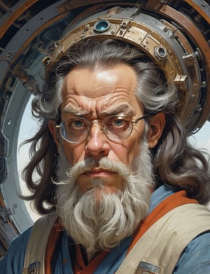 Sci-fi wild eyed wizard wearing half-rim spectacles, looking intently at the viewer, menacing angry expression, long beard , head and shoulders portrait , hyper-detailed oil painting, art by Greg Rutkowski and (Norman Rockwell:1.5) , illustration style, symmetry , inside alien starship interior , huayu