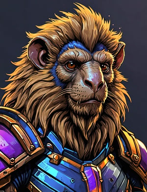(close up, head and shoulders portrait:1.3), gold and orange gradient , (anthromorphic marmoset manticore :1.6), wearing blue and violet sci-fi polycarbonate armor, (strong outline sketch style:1.5), gritty fantasy, (darkest dungeon art style :1.4), dark muted background, detailed