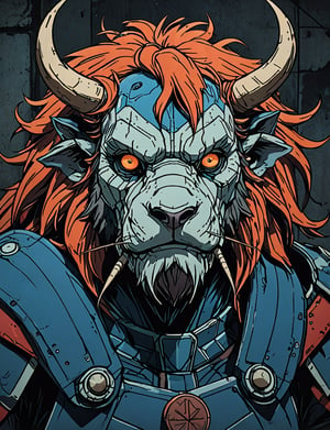 (close up, head and shoulders portrait:1.5), red, orange, blue gradient ,(anthropomorphic manticore bison robot :1.5), (angular shapes:1.7), samurai, wearing samurai armor, (strong outline sketch style:1.5), symmetrical features, gritty fantasy, (darkest dungeon art style :1.4), dark muted background, detailed, one_piece_wano_style, Dark Manga of,anime screencap,Dark Anime of