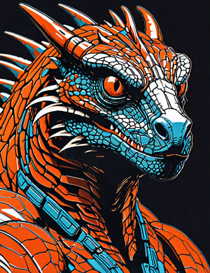 (close up, head and shoulders portrait:1.5), An extremely detailed 1970s retro-future anthropomorphic (Komodo dragon :1.2) (manticore :1.4) robot, centered, (strong outline sketch style:1.5), (flat silkscreen art style:1.9), (solid dark background:1.2), (red, orange, sapphire, black and white tones), masterpiece, epic, by pascal blanche rutkowski repin artstation painting concept art of detailed character design matte painting, 4 k resolution blade runner, dark muted background, detailed, comic book,dcas_lora