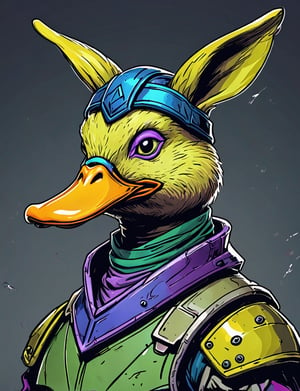 (close up, head and shoulders portrait:1.3), yellow and green gradient , (anthromorphic duck rabbit :1.6), wearing blue and violet sci-fi polycarbonate armor, (strong outline sketch style:1.5), gritty fantasy, (darkest dungeon art style :1.4), dark muted background, detailed