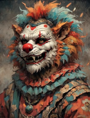 (close up, head and shoulders portrait:1.3), anthromorphic ( manticore :1.4) (neck and chest fur:1.5), (wearing a lion clown mask :2.5), jack-o-lantern , samurai helmet, oni_horns, samurai , black samurai armor, red, aqua, orange, blue , white and black color scheme , (dark Halloween background:1.2), Disney pixar style,Ukiyo-e,ink,colorful,shogun 