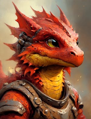 (close up, head and shoulders portrait:1.3), anthromorphic salamander  dragon, futuristic power armor, bounty hunter , red and yellow color scheme , Disney pixar style