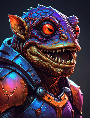 (close up, head and shoulders portrait:1.3), red and orange gradient , (anthromorphic cyclops toad manticore :1.6), wearing blue and violet sci-fi polycarbonate armor, (strong outline sketch style:1.5), gritty fantasy, (darkest dungeon art style :1.4), dark muted background, detailed
